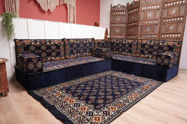 Navy Blue Single Arabic Floor Sofa Set, Handmade Livingroom Floor Couch, Arabic Seating