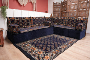 Navy Blue Single Arabic Floor Sofa Set, Handmade Livingroom Floor Couch, Arabic Seating