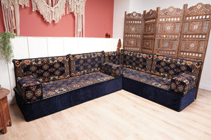 Navy Blue Single Arabic Floor Sofa Set, Handmade Livingroom Floor Couch, Arabic Seating