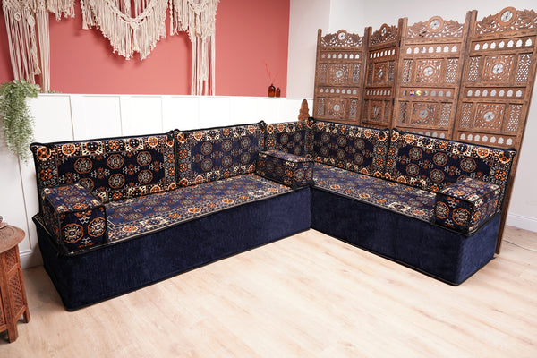 Navy Blue Single Arabic Floor Sofa Set, Handmade Livingroom Floor Couch, Arabic Seating