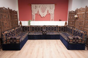 Navy Blue U Shaped Arabic Floor Sofa Set, Floor Cushions, Balcony Patio Sofas, Pallet Sofa, Ethnic Sofa, Moroccan Sofas