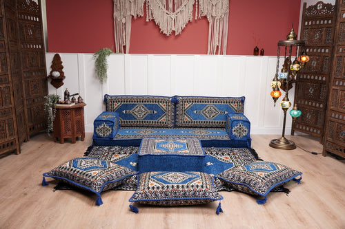 Royal Blue Palace Elegance: Single Floor Sofa Set – Arabic Diwan Sofa – Window Seat Cushion – Floor Sofa With Backrest