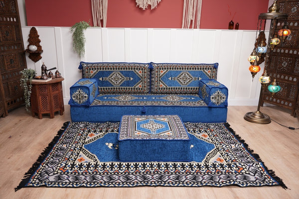 16'' Thickness Floor Cushions, Arabic Majlis Set, Single Sofa with Ottoman Couch and Rug, Bohemian Furniture, Sectional Sofa