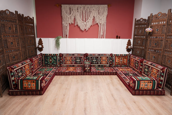 U Shaped Maroon Floor Cushions, Turkish Sofa, Modern Arabic Majlis Sofa, Floor Sofa Set, Ethnic Sofa, Arabic Jalsa, Moroccan Sofa