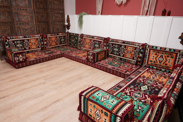 U Shaped Maroon Floor Cushions, Turkish Sofa, Modern Arabic Majlis Sofa, Floor Sofa Set, Ethnic Sofa, Arabic Jalsa, Moroccan Sofa