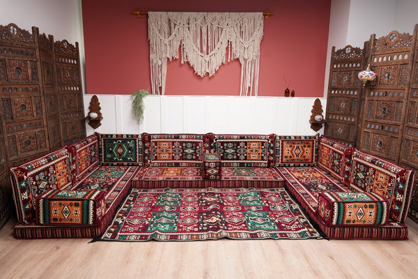 U Shaped Maroon Floor Cushions, Turkish Sofa, Modern Arabic Majlis Sofa, Floor Sofa Set, Ethnic Sofa, Arabic Jalsa, Moroccan Sofa