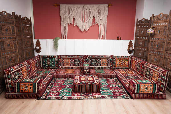 U Shaped Maroon Floor Cushions, Turkish Sofa, Modern Arabic Majlis Sofa, Floor Sofa Set, Ethnic Sofa, Arabic Jalsa, Moroccan Sofa