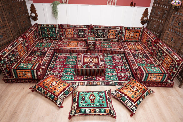 U Shaped Maroon Floor Cushions, Turkish Sofa, Modern Arabic Majlis Sofa, Floor Sofa Set, Ethnic Sofa, Arabic Jalsa, Moroccan Sofa