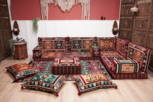 Maroon Arabic Floor Couch, L Shaped Sofa Set, Traditional Living Room Sofa, Sectional Sofa, Arabic Jalsa, Ottoman Floor Seating, Moroccan Cushion