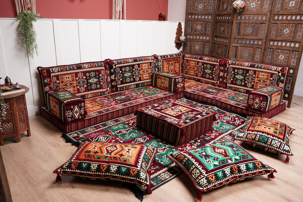 Maroon Arabic Floor Couch, L Shaped Sofa Set, Traditional Living Room Sofa, Sectional Sofa, Arabic Jalsa, Ottoman Floor Seating, Moroccan Cushion