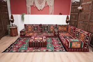 Maroon Arabic Floor Couch, L Shaped Sofa Set, Traditional Living Room Sofa, Sectional Sofa, Arabic Jalsa, Ottoman Floor Seating, Moroccan Cushion