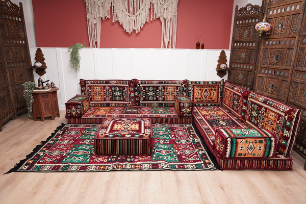 Maroon Arabic Floor Couch, L Shaped Sofa Set, Traditional Living Room Sofa, Sectional Sofa, Arabic Jalsa, Ottoman Floor Seating, Moroccan Cushion