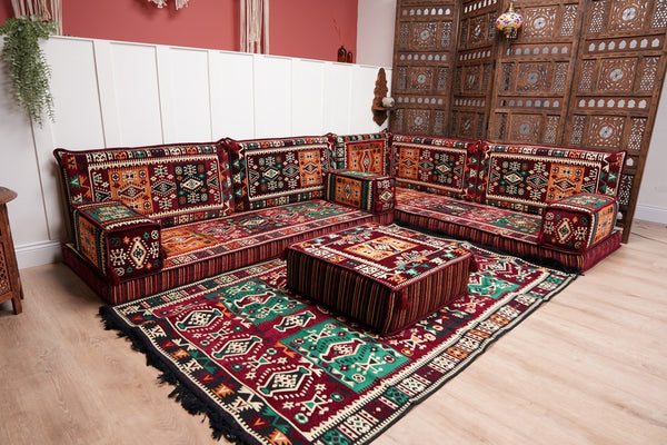 Maroon Arabic Floor Couch, L Shaped Sofa Set, Traditional Living Room Sofa, Sectional Sofa, Arabic Jalsa, Ottoman Floor Seating, Moroccan Cushion