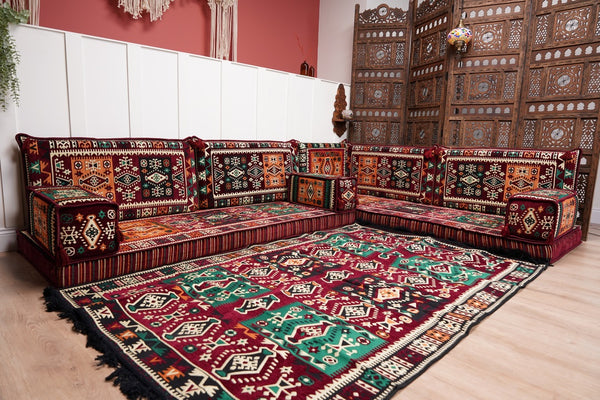 Maroon Arabic Floor Couch, L Shaped Sofa Set, Traditional Living Room Sofa, Sectional Sofa, Arabic Jalsa, Ottoman Floor Seating, Moroccan Cushion