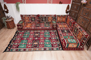 Maroon Arabic Floor Couch, L Shaped Sofa Set, Traditional Living Room Sofa, Sectional Sofa, Arabic Jalsa, Ottoman Floor Seating, Moroccan Cushion