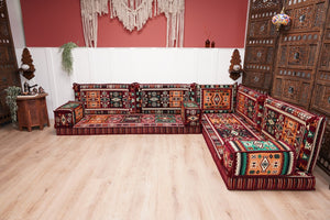 Maroon Arabic Floor Couch, L Shaped Sofa Set, Traditional Living Room Sofa, Sectional Sofa, Arabic Jalsa, Ottoman Floor Seating, Moroccan Cushion
