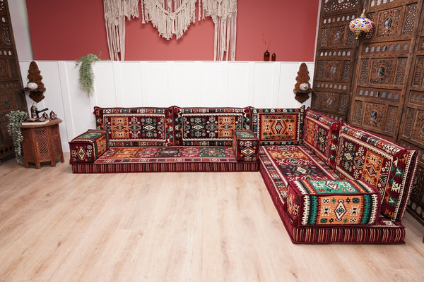 Maroon Arabic Floor Couch, L Shaped Sofa Set, Traditional Living Room Sofa, Sectional Sofa, Arabic Jalsa, Ottoman Floor Seating, Moroccan Cushion