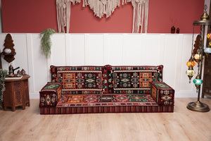 Single Maroon Turkish Sofa, Living Room Sofa with Ottoman Couch and Rug, Floor Sofa Set, Moroccan Floor Sofa, Sectional Sofa