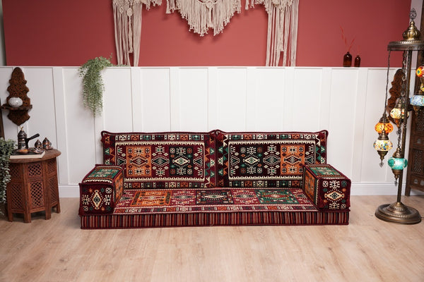 Single Maroon Turkish Sofa, Living Room Sofa with Ottoman Couch and Rug, Floor Sofa Set, Moroccan Floor Sofa, Sectional Sofa