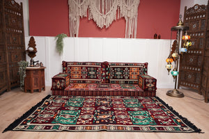 Single Maroon Turkish Sofa, Living Room Sofa with Ottoman Couch and Rug, Floor Sofa Set, Moroccan Floor Sofa, Sectional Sofa