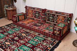 Single Maroon Turkish Sofa, Living Room Sofa with Ottoman Couch and Rug, Floor Sofa Set, Moroccan Floor Sofa, Sectional Sofa