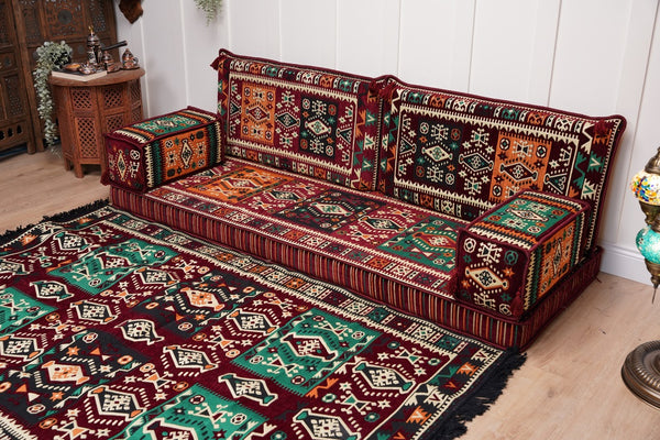 Single Maroon Turkish Sofa, Living Room Sofa with Ottoman Couch and Rug, Floor Sofa Set, Moroccan Floor Sofa, Sectional Sofa