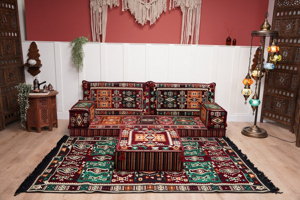 Single Maroon Turkish Sofa, Living Room Sofa with Ottoman Couch and Rug, Floor Sofa Set, Moroccan Floor Sofa, Sectional Sofa