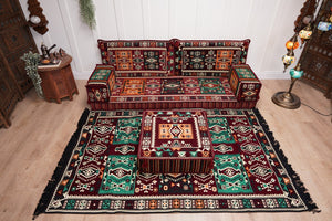 Single Maroon Turkish Sofa, Living Room Sofa with Ottoman Couch and Rug, Floor Sofa Set, Moroccan Floor Sofa, Sectional Sofa