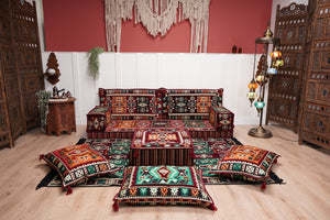 Single Maroon Turkish Sofa, Living Room Sofa with Ottoman Couch and Rug, Floor Sofa Set, Moroccan Floor Sofa, Sectional Sofa