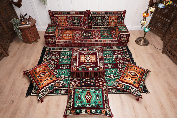 Single Maroon Turkish Sofa, Living Room Sofa with Ottoman Couch and Rug, Floor Sofa Set, Moroccan Floor Sofa, Sectional Sofa