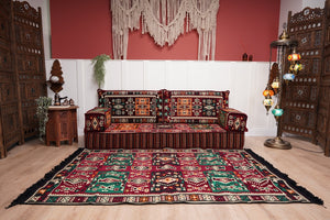 Single Maroon Turkish Sofa, Living Room Sofa with Ottoman Couch and Rug, Floor Sofa Set, Moroccan Floor Sofa, Sectional Sofa