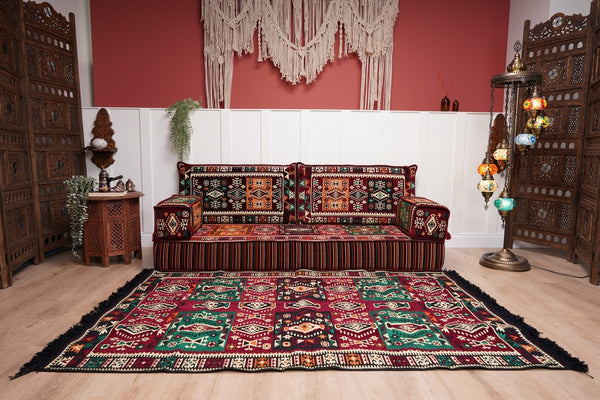 Single Maroon Turkish Sofa, Living Room Sofa with Ottoman Couch and Rug, Floor Sofa Set, Moroccan Floor Sofa, Sectional Sofa