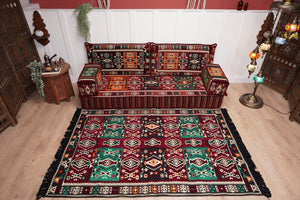 Single Maroon Turkish Sofa, Living Room Sofa with Ottoman Couch and Rug, Floor Sofa Set, Moroccan Floor Sofa, Sectional Sofa