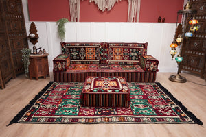Single Maroon Turkish Sofa, Living Room Sofa with Ottoman Couch and Rug, Floor Sofa Set, Moroccan Floor Sofa, Sectional Sofa