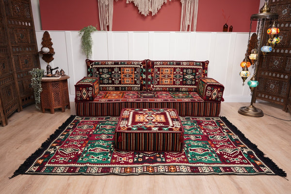 Single Maroon Turkish Sofa, Living Room Sofa with Ottoman Couch and Rug, Floor Sofa Set, Moroccan Floor Sofa, Sectional Sofa