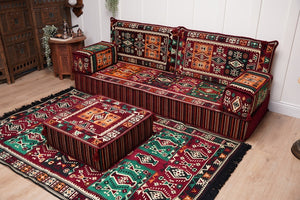 Single Maroon Turkish Sofa, Living Room Sofa with Ottoman Couch and Rug, Floor Sofa Set, Moroccan Floor Sofa, Sectional Sofa