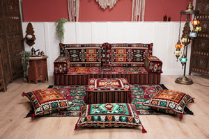 Single Maroon Turkish Sofa, Living Room Sofa with Ottoman Couch and Rug, Floor Sofa Set, Moroccan Floor Sofa, Sectional Sofa