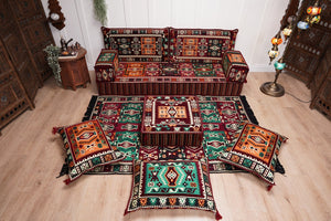 Single Maroon Turkish Sofa, Living Room Sofa with Ottoman Couch and Rug, Floor Sofa Set, Moroccan Floor Sofa, Sectional Sofa
