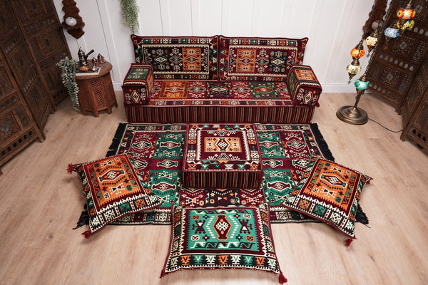 Single Maroon Turkish Sofa, Living Room Sofa with Ottoman Couch and Rug, Floor Sofa Set, Moroccan Floor Sofa, Sectional Sofa