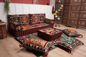 Single Maroon Turkish Sofa, Living Room Sofa with Ottoman Couch and Rug, Floor Sofa Set, Moroccan Floor Sofa, Sectional Sofa