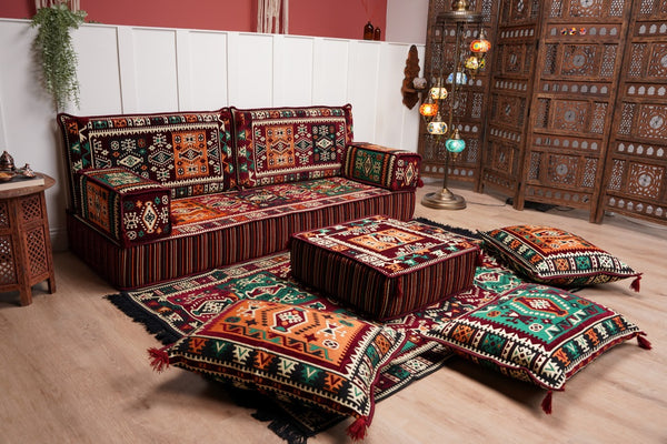 Single Maroon Turkish Sofa, Living Room Sofa with Ottoman Couch and Rug, Floor Sofa Set, Moroccan Floor Sofa, Sectional Sofa