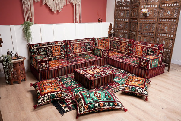 Maroon Arabic Floor Couch, L Shaped Sofa Set, Traditional Living Room Sofa, Sectional Sofa, Arabic Jalsa, Ottoman Floor Seating, Moroccan Cushion