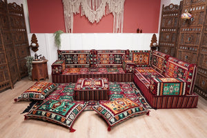 Maroon Arabic Floor Couch, L Shaped Sofa Set, Traditional Living Room Sofa, Sectional Sofa, Arabic Jalsa, Ottoman Floor Seating, Moroccan Cushion