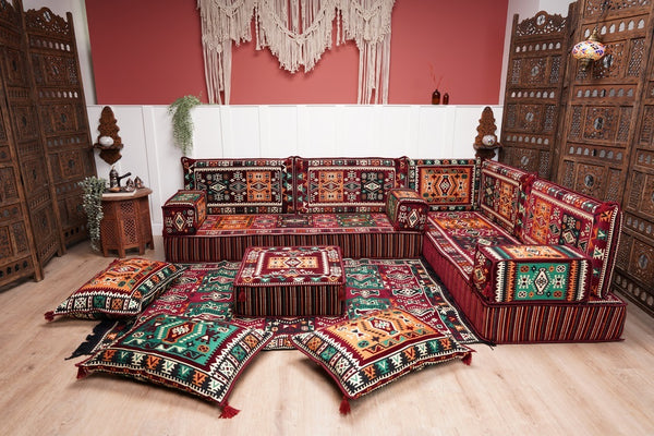 Maroon Arabic Floor Couch, L Shaped Sofa Set, Traditional Living Room Sofa, Sectional Sofa, Arabic Jalsa, Ottoman Floor Seating, Moroccan Cushion