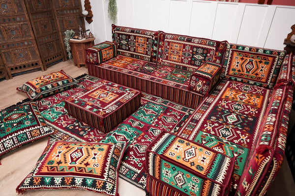 Maroon Arabic Floor Couch, L Shaped Sofa Set, Traditional Living Room Sofa, Sectional Sofa, Arabic Jalsa, Ottoman Floor Seating, Moroccan Cushion