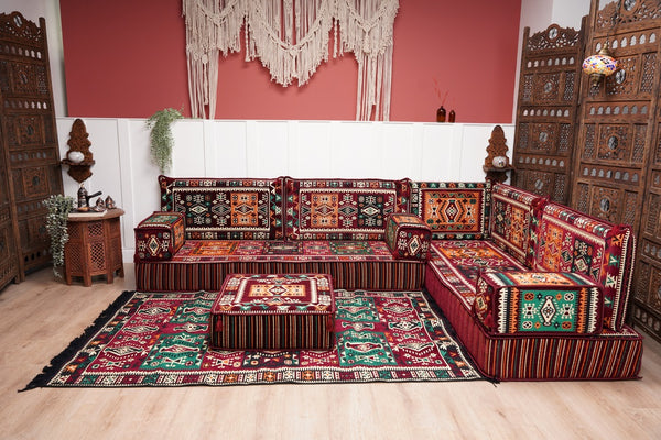 Maroon Arabic Floor Couch, L Shaped Sofa Set, Traditional Living Room Sofa, Sectional Sofa, Arabic Jalsa, Ottoman Floor Seating, Moroccan Cushion