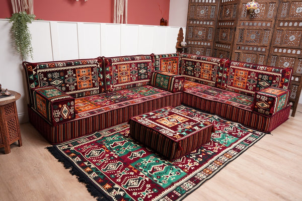 Maroon Arabic Floor Couch, L Shaped Sofa Set, Traditional Living Room Sofa, Sectional Sofa, Arabic Jalsa, Ottoman Floor Seating, Moroccan Cushion