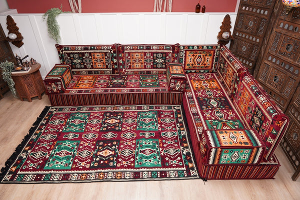 Maroon Arabic Floor Couch, L Shaped Sofa Set, Traditional Living Room Sofa, Sectional Sofa, Arabic Jalsa, Ottoman Floor Seating, Moroccan Cushion