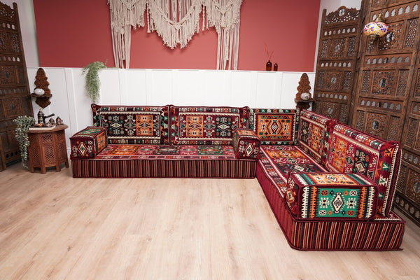 Maroon Arabic Floor Couch, L Shaped Sofa Set, Traditional Living Room Sofa, Sectional Sofa, Arabic Jalsa, Ottoman Floor Seating, Moroccan Cushion