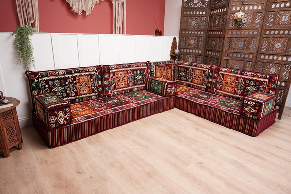 Maroon Arabic Floor Couch, L Shaped Sofa Set, Traditional Living Room Sofa, Sectional Sofa, Arabic Jalsa, Ottoman Floor Seating, Moroccan Cushion